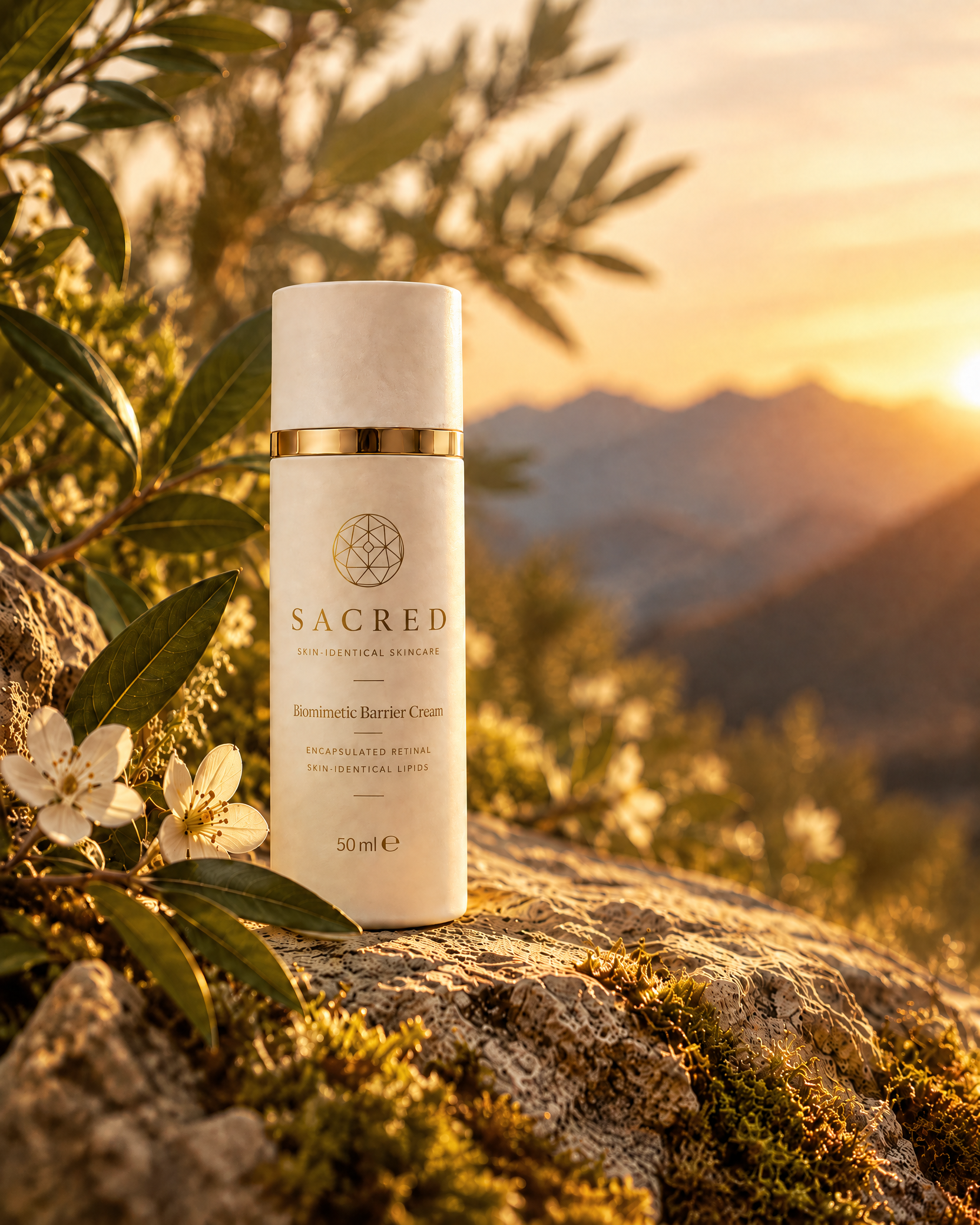 Master-labelled SACRED Biomimetic Barrier Cream at sunset among olive leaves and pale blossoms