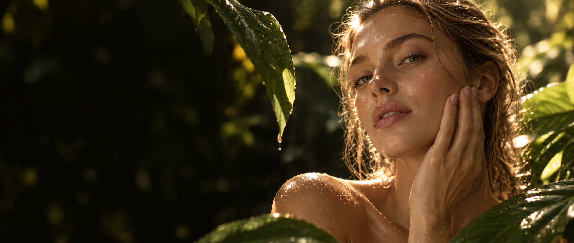 Woman with luminous skin surrounded by tropical foliage and warm golden light